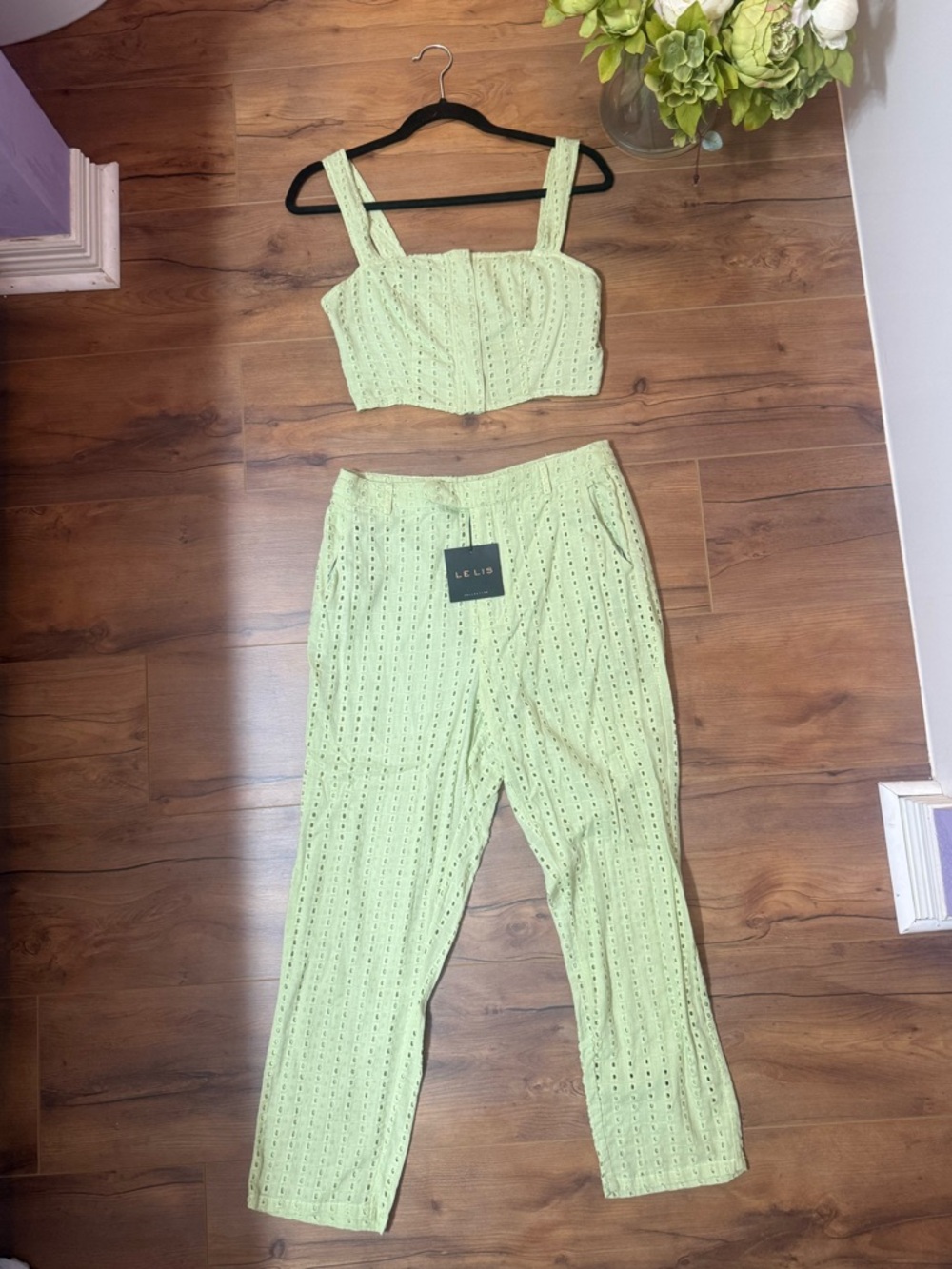 Le Lis Light Green Eyelet Straight Leg Pant Set